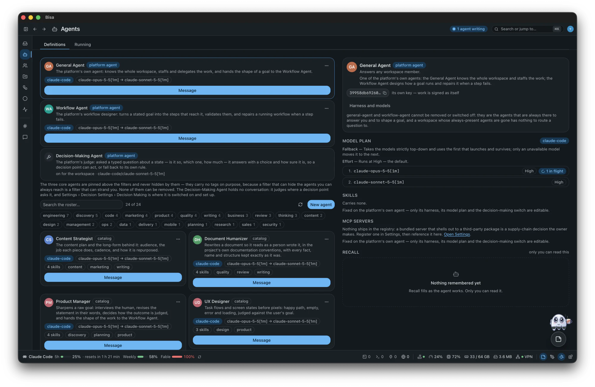 The Agents screen: the three core agents and the catalog agents installed, each with its harness and model
