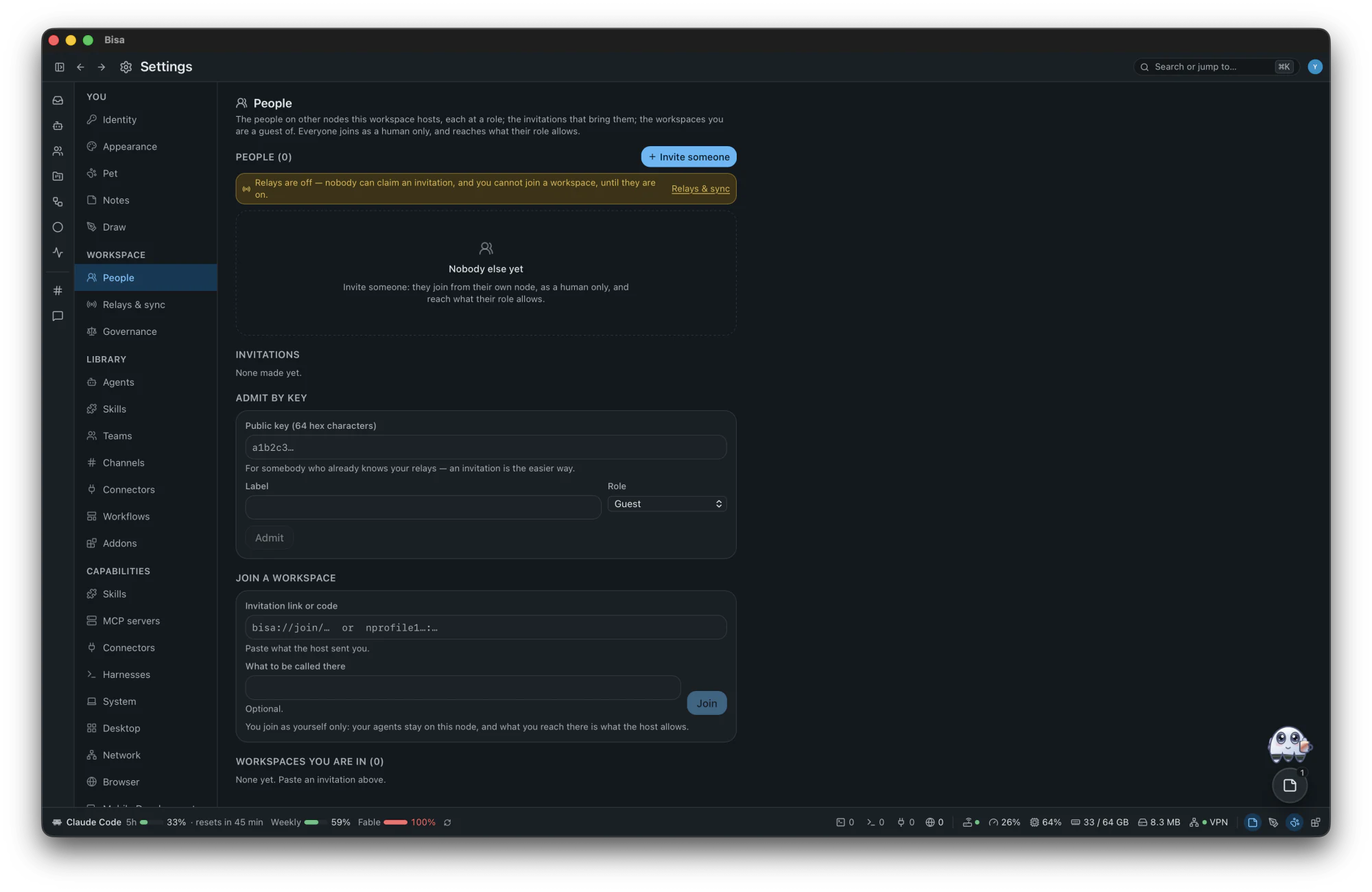 Settings › People: people invited by link at a role, the relays and their health