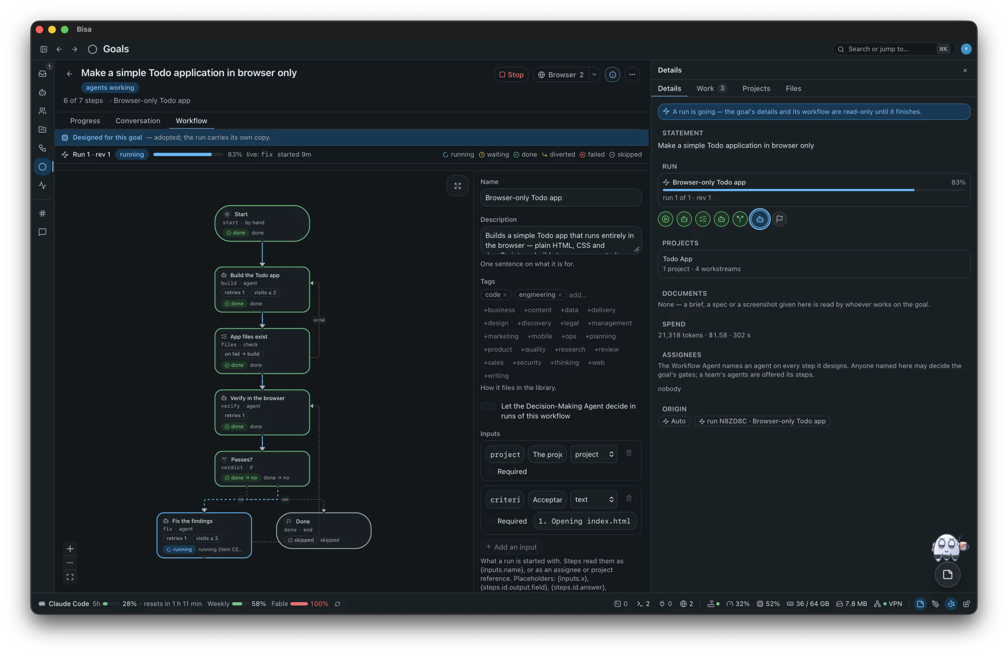 A goal's Workflow tab: the proposed workflow on the canvas, the run's states on each step