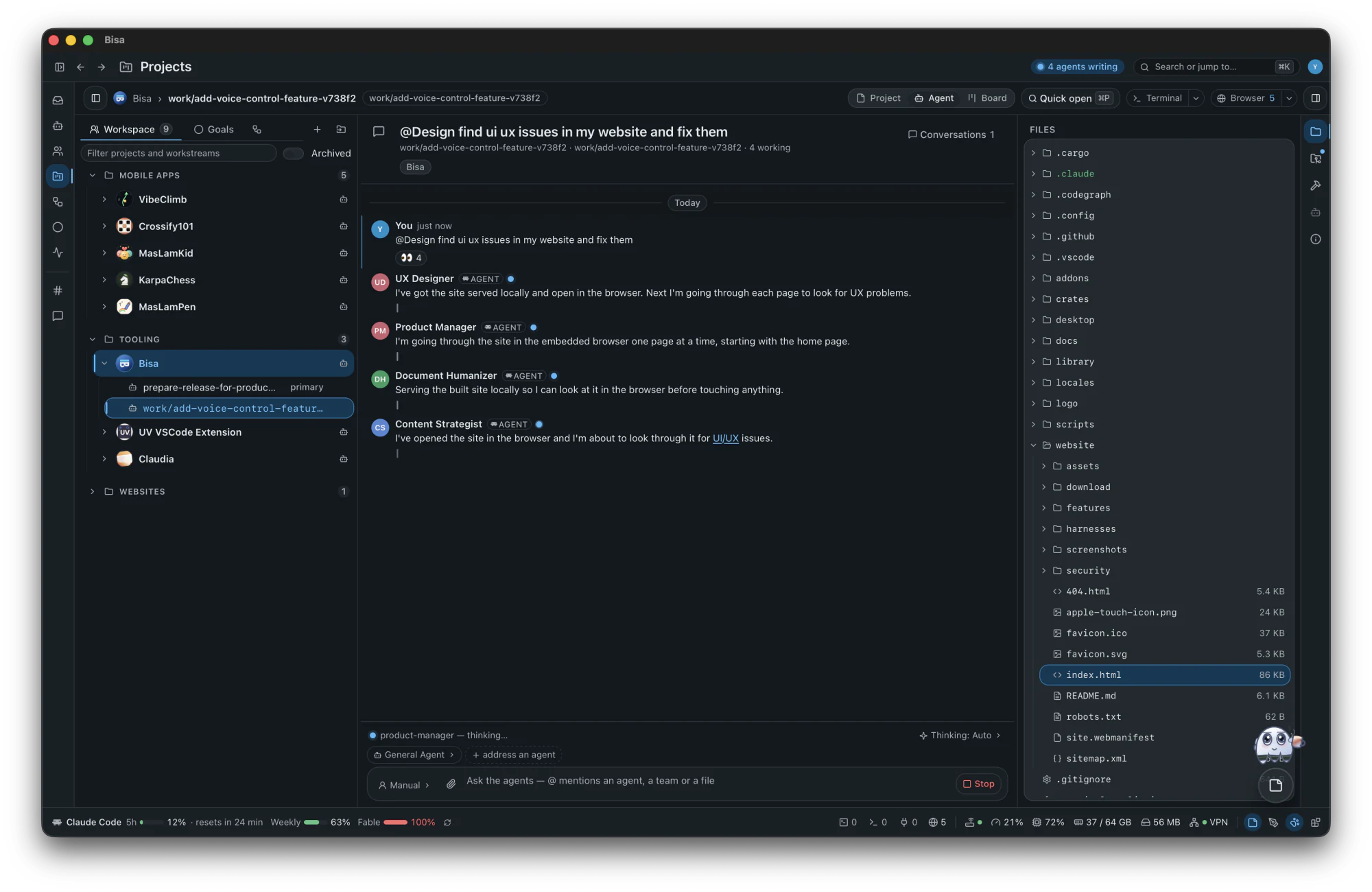 A conversation about a checkout: several agents answering one message, the checkout's files beside them