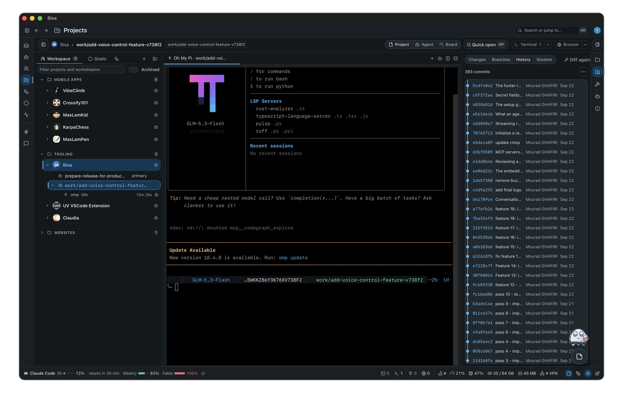 The commit history of a checkout beside a harness at work in a terminal tab