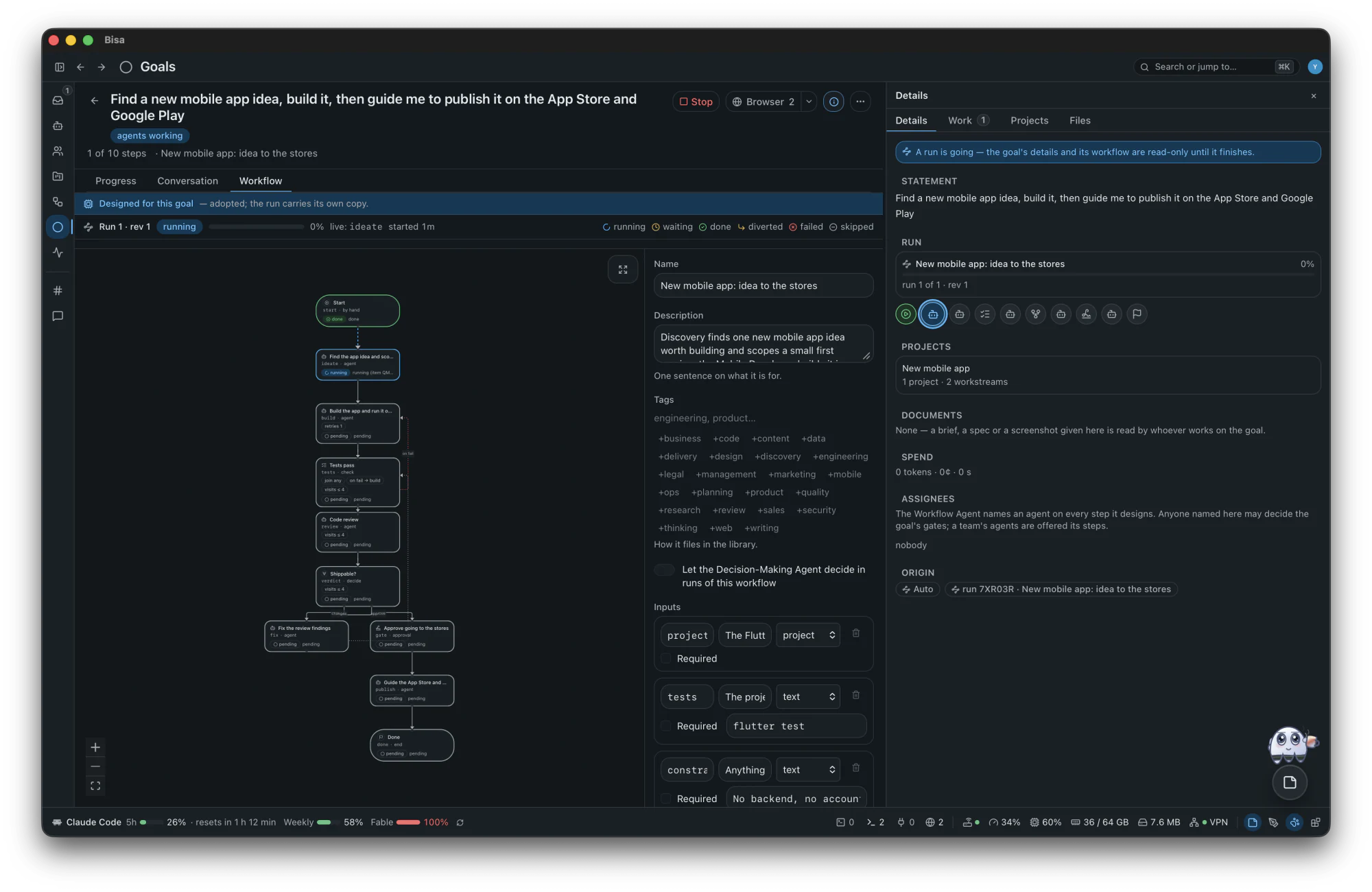 The Bisa desktop application: the sidebar, a goal's run read downward, and the Inbox count