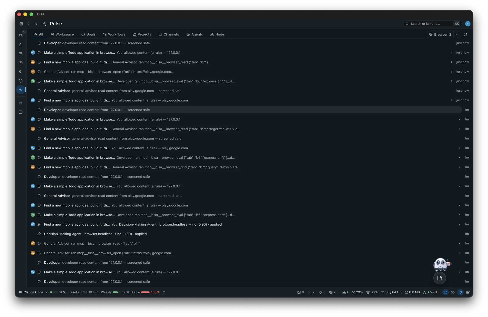 The Pulse: the workspace's live feed of steps, messages and agents at work