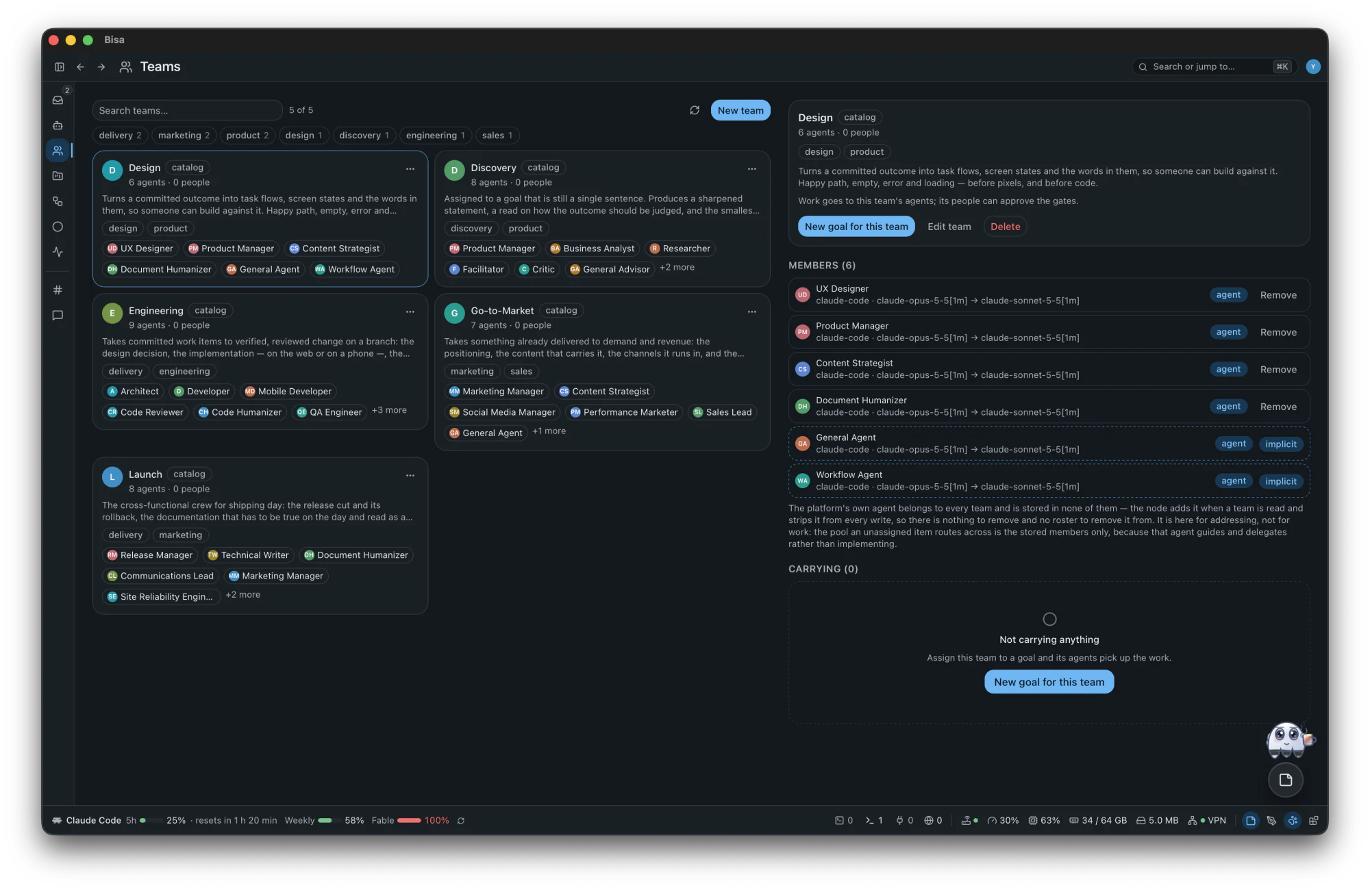 The Teams screen: a team with its members and its purpose