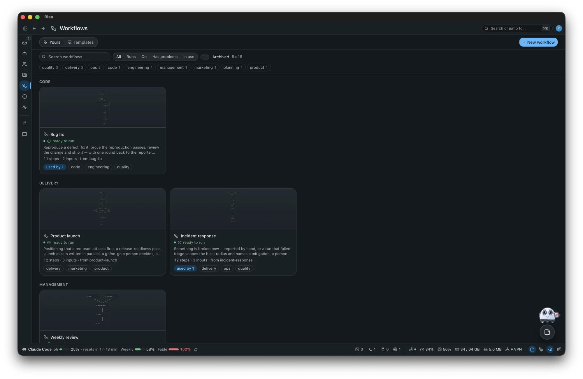 The Workflows library: each workflow a card with its graph and its runs